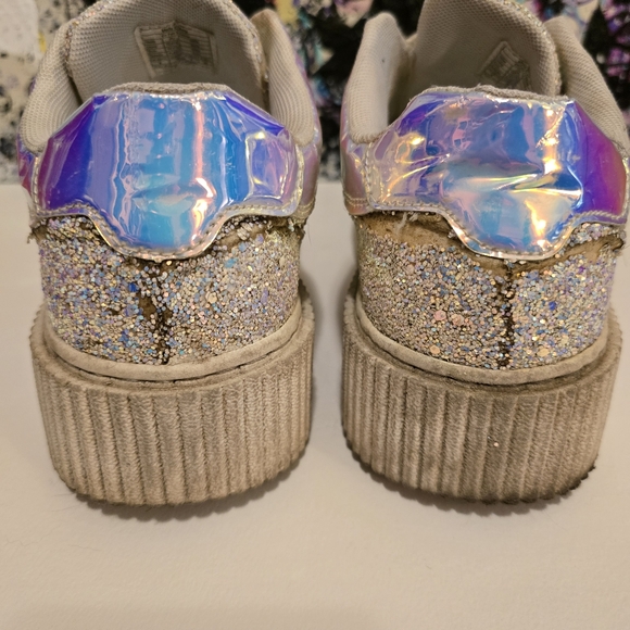 TUK White Glitter Creepers Sneakers 2 Velcro Straps Flat Platform Soles Size 10 - Picture 12 of 17